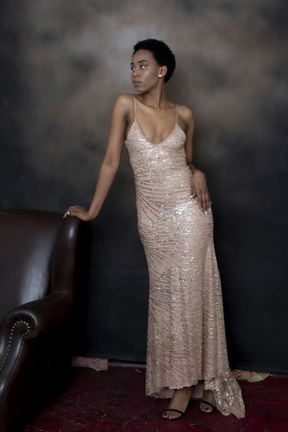Rose-gold sequin prom gown