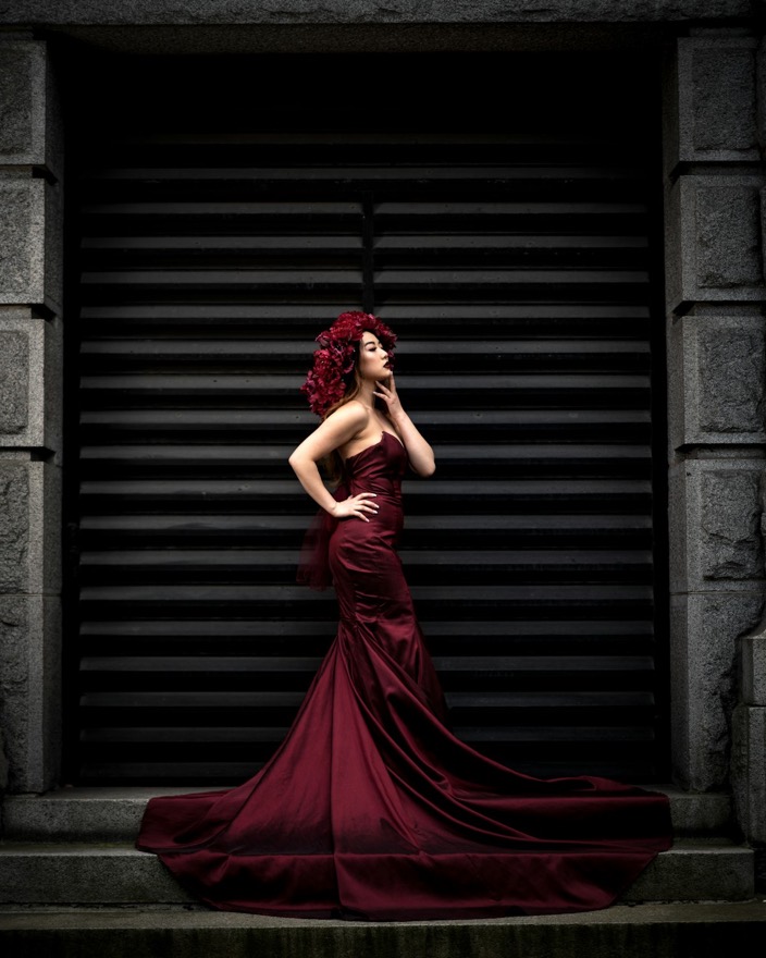 Deep red evening gown
